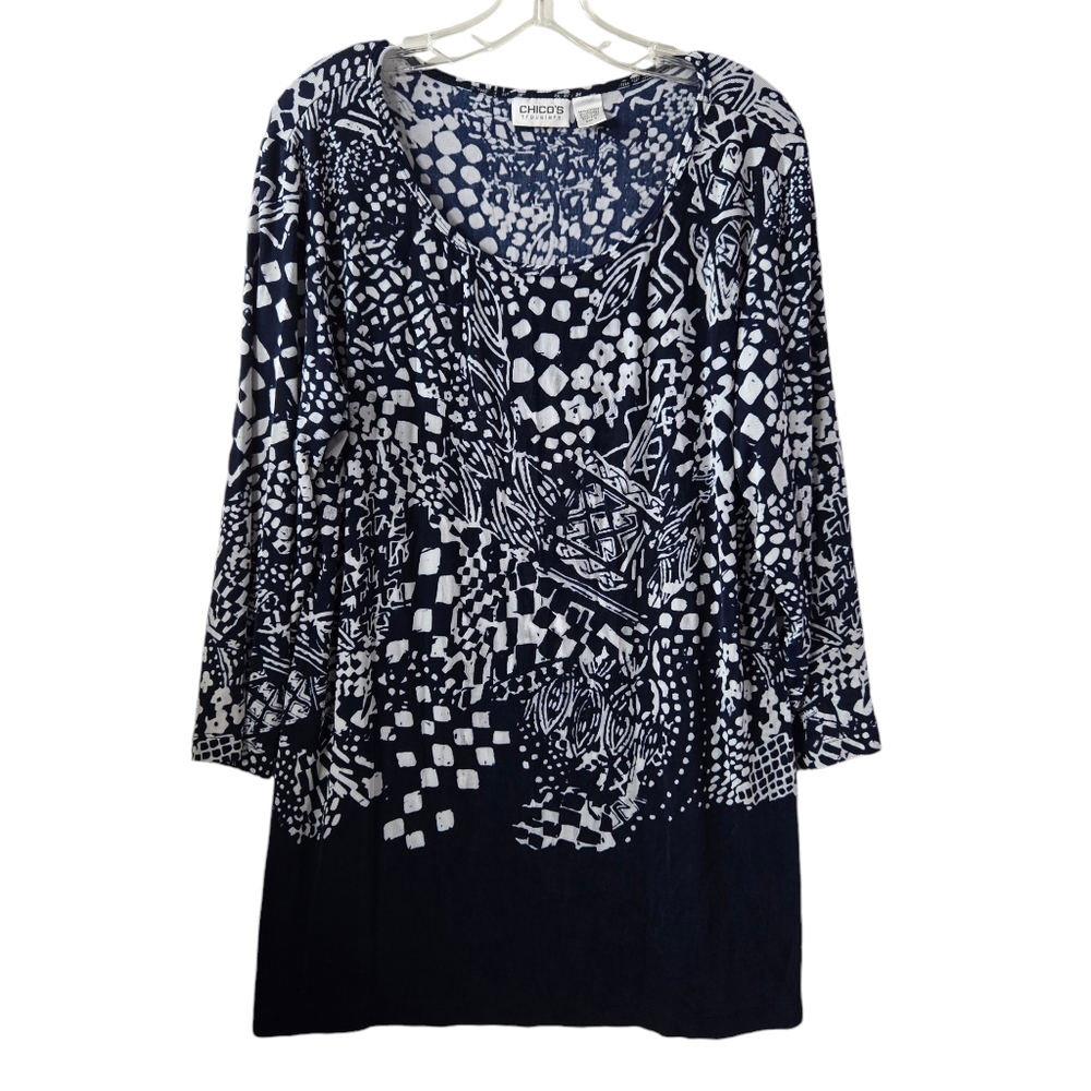 Chico's Travelers 3/US XL/16 Geo Print Scoop Neck Side Slit Pullover Slinky‎ Top